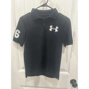 EUC Boys Under Armour Heat Gear Big Logo Black Short Sleeve Golf Polo Top